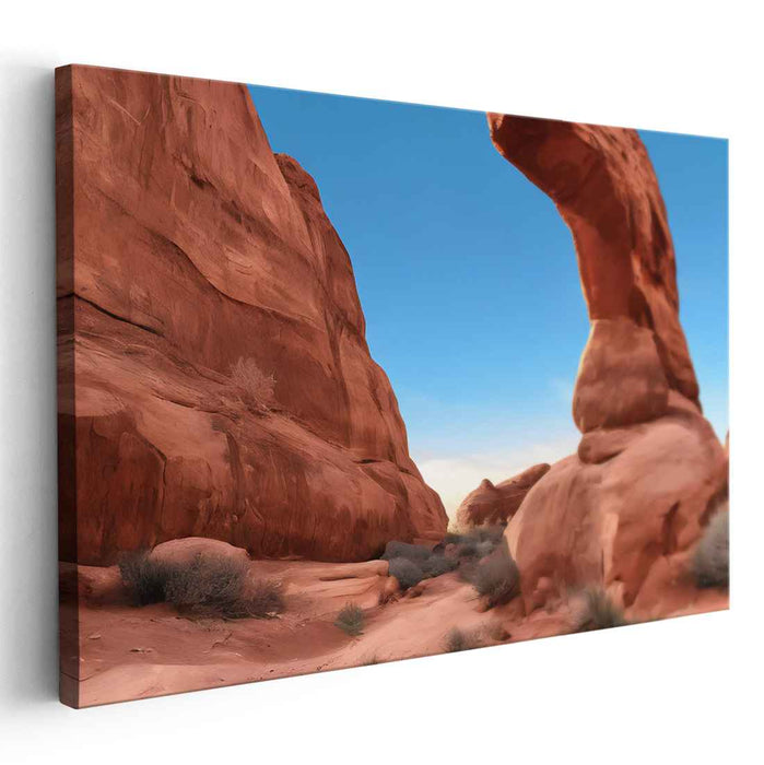 Crimson Whispering Rock Arches: Serene Red Rock Arch Landscape Canvas Art