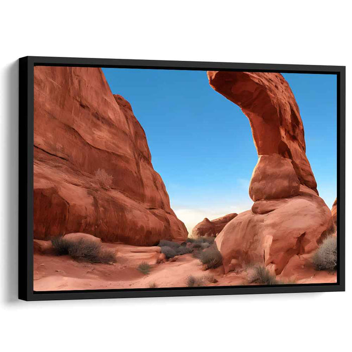 Crimson Whispering Rock Arches: Serene Red Rock Arch Landscape Canvas Art