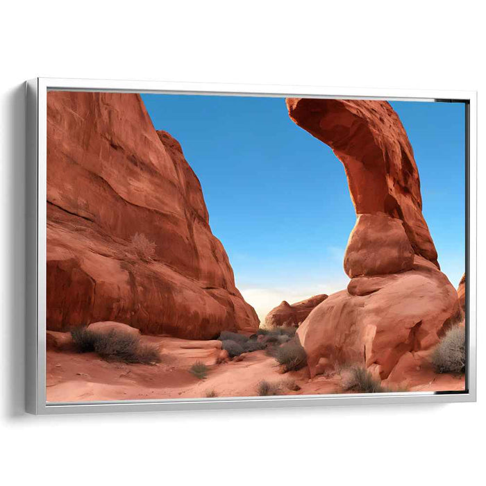 Crimson Whispering Rock Arches: Serene Red Rock Arch Landscape Canvas Art