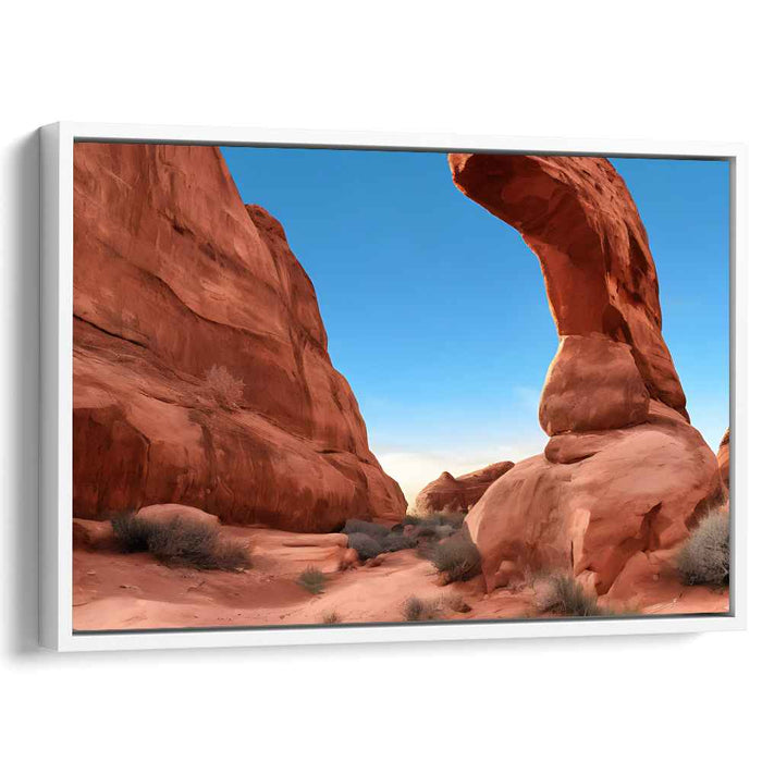 Crimson Whispering Rock Arches: Serene Red Rock Arch Landscape Canvas Art