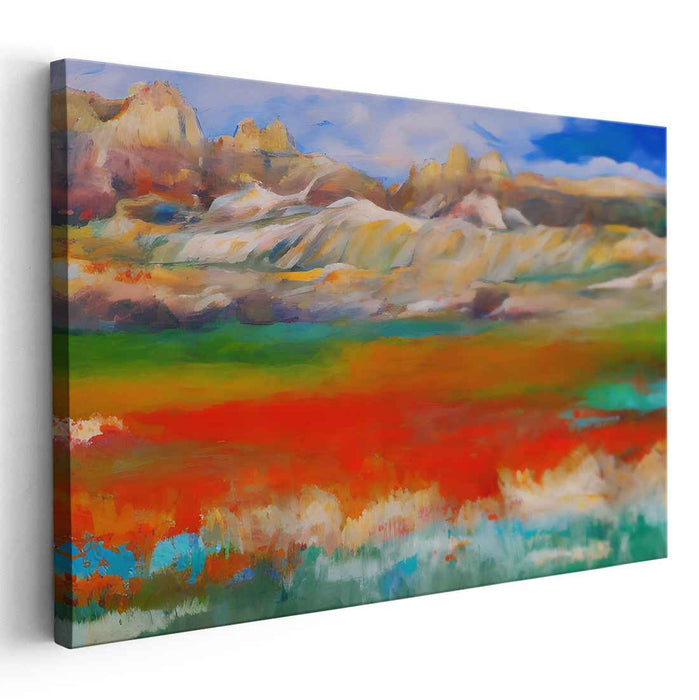 Vibrant Panorama: Impressionistic Landscape of Fiery Fields and Majestic Mountains