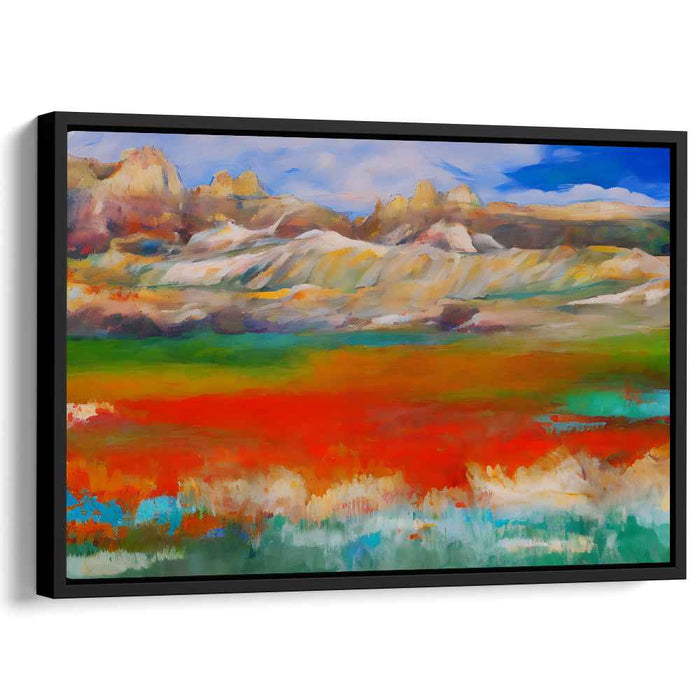 Vibrant Panorama: Impressionistic Landscape of Fiery Fields and Majestic Mountains