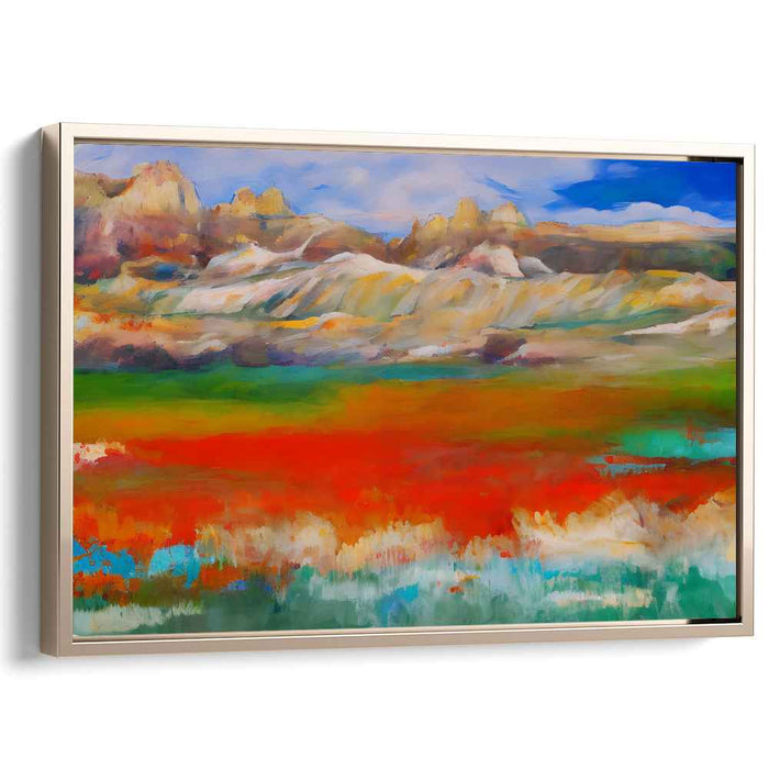 Vibrant Panorama: Impressionistic Landscape of Fiery Fields and Majestic Mountains