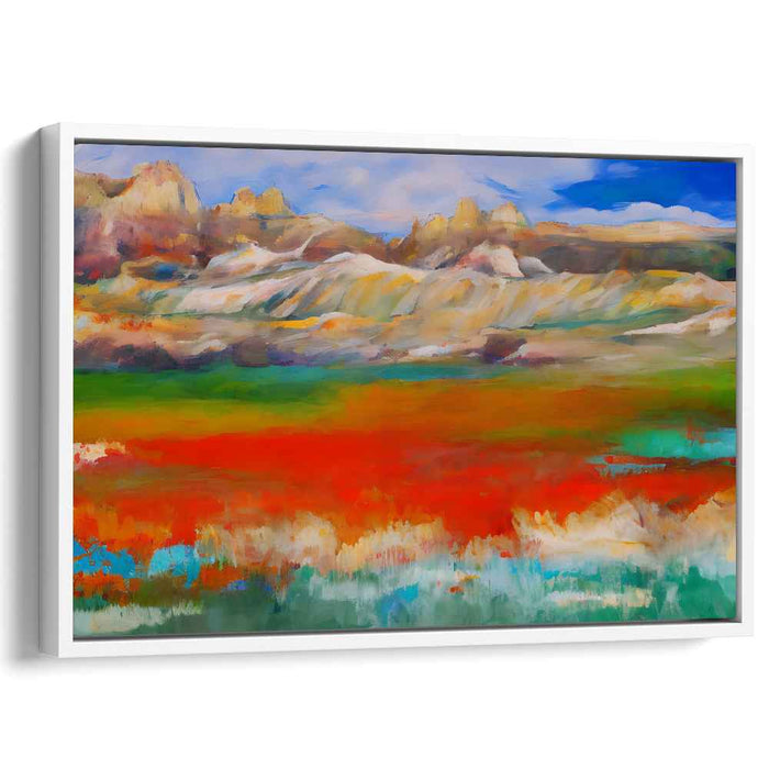Vibrant Panorama: Impressionistic Landscape of Fiery Fields and Majestic Mountains