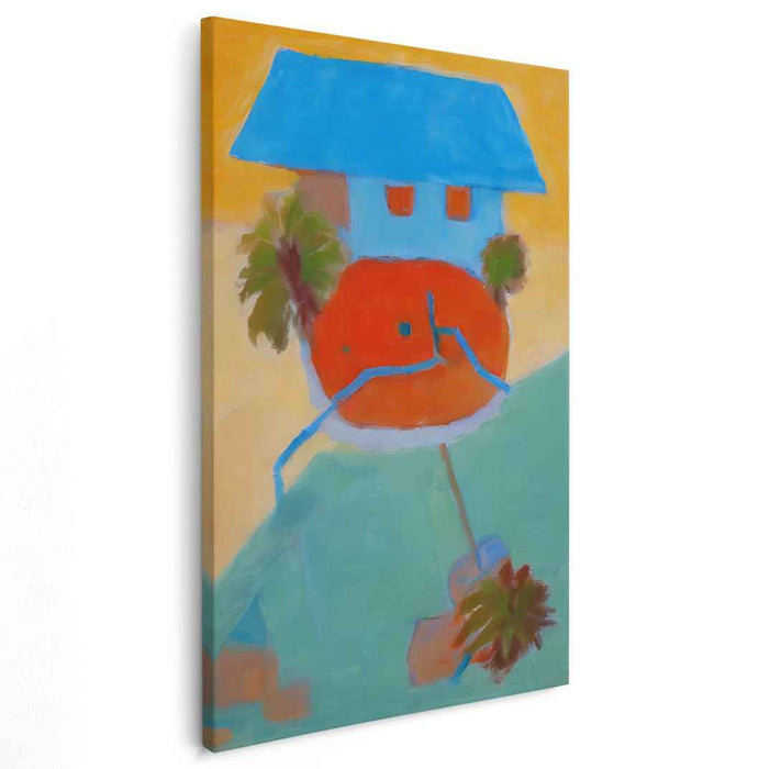 Chromatic Abode: Fauvist-Inspired Red House with Blue Roof Canvas Art