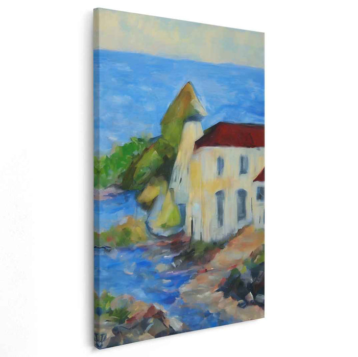 Shoreline Retreat: Coastal Landscape with Sunlit House Canvas Art