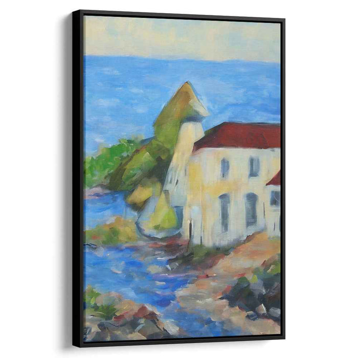 Shoreline Retreat: Coastal Landscape with Sunlit House Canvas Art