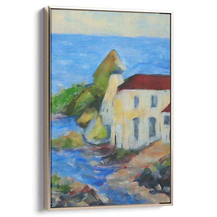 Shoreline Retreat: Coastal Landscape with Sunlit House Canvas Art