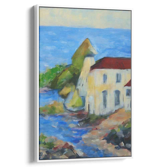 Shoreline Retreat: Coastal Landscape with Sunlit House Canvas Art