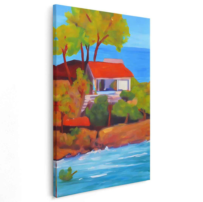 Coastal Cottage Charm: Vibrant Seaside House Canvas Art Print