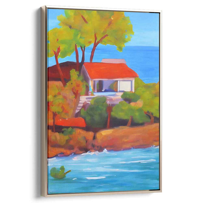 Coastal Cottage Charm: Vibrant Seaside House Canvas Art Print