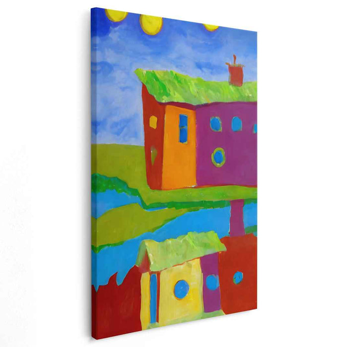 Whimsical Village: Colorful Naive Art Canvas Print