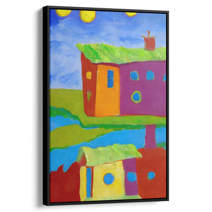 Whimsical Village: Colorful Naive Art Canvas Print