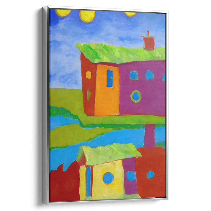 Whimsical Village: Colorful Naive Art Canvas Print