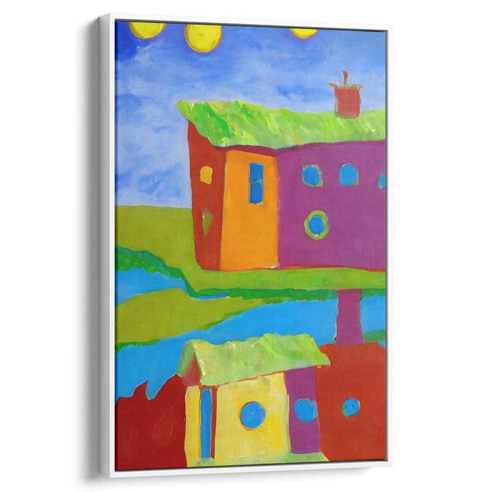 Whimsical Village: Colorful Naive Art Canvas Print