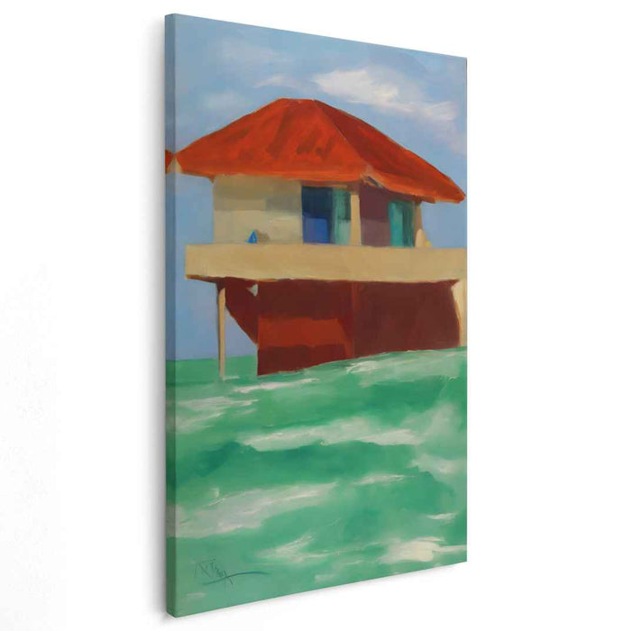 Serene Stilted Sanctuary: Modernist Floating House Canvas Art Print