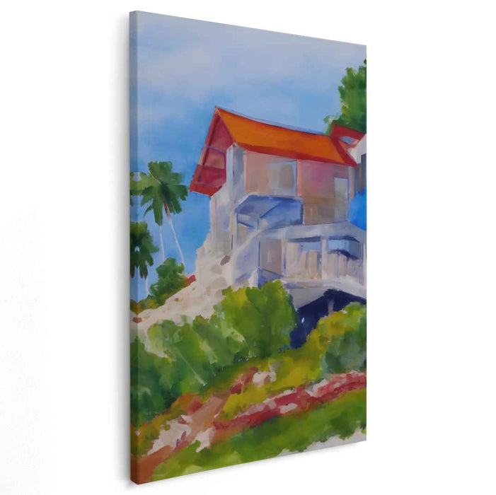 Rustic Hillside Retreat: Vibrant Landscape Canvas Art