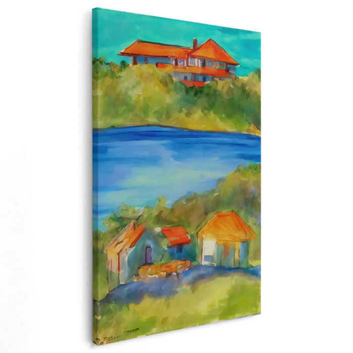 Sunny Hillside Retreat: Vibrant Watercolor Landscape Canvas Art Print