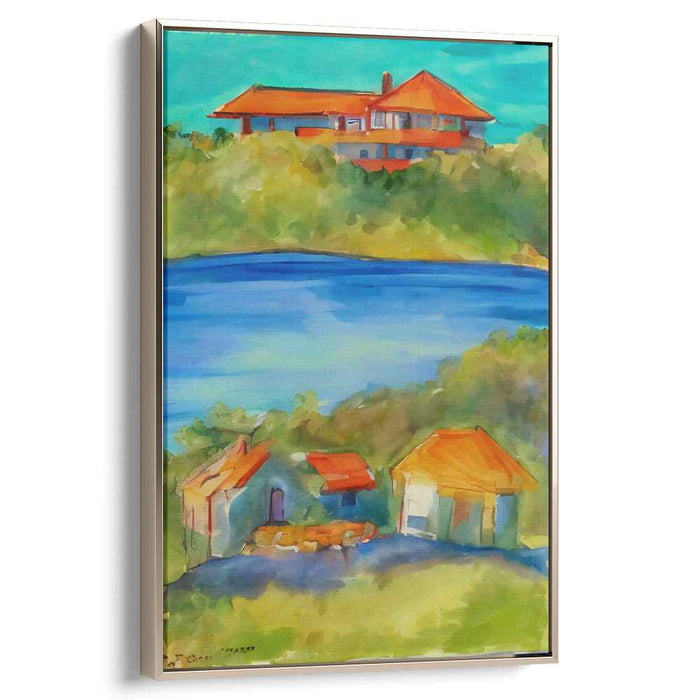 Sunny Hillside Retreat: Vibrant Watercolor Landscape Canvas Art Print