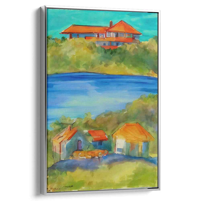 Sunny Hillside Retreat: Vibrant Watercolor Landscape Canvas Art Print