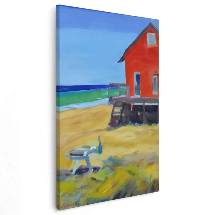 Seaside Scarlet Haven: Vibrant Red House by the Beach Canvas Art Print