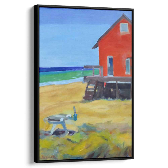 Seaside Scarlet Haven: Vibrant Red House by the Beach Canvas Art Print