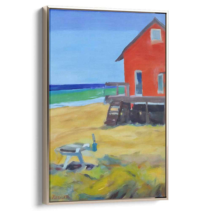 Seaside Scarlet Haven: Vibrant Red House by the Beach Canvas Art Print