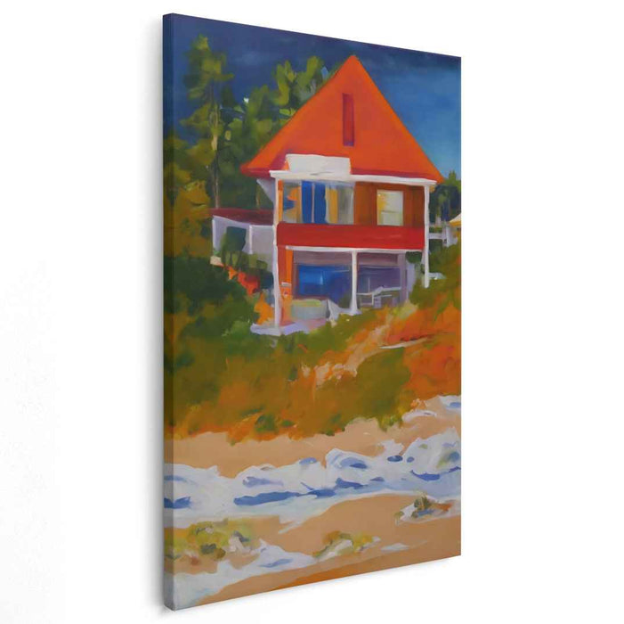 Crimson Homestead: Vibrant Landscape with Red-Roofed House Canvas Art