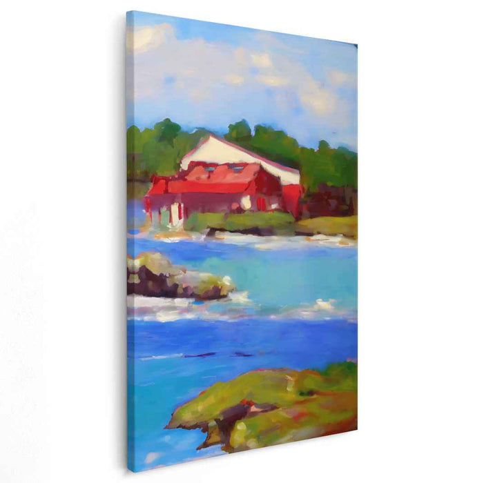 Crimson Shoreline Cottage: Impressionist Red-Roofed House by the Sea