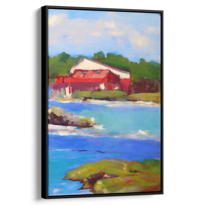 Crimson Shoreline Cottage: Impressionist Red-Roofed House by the Sea