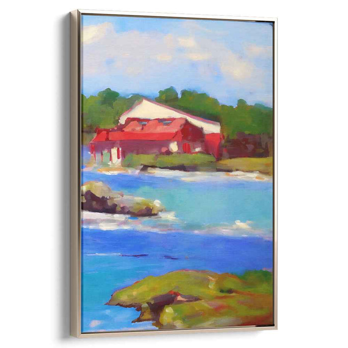 Crimson Shoreline Cottage: Impressionist Red-Roofed House by the Sea