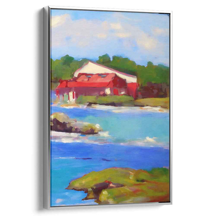 Crimson Shoreline Cottage: Impressionist Red-Roofed House by the Sea