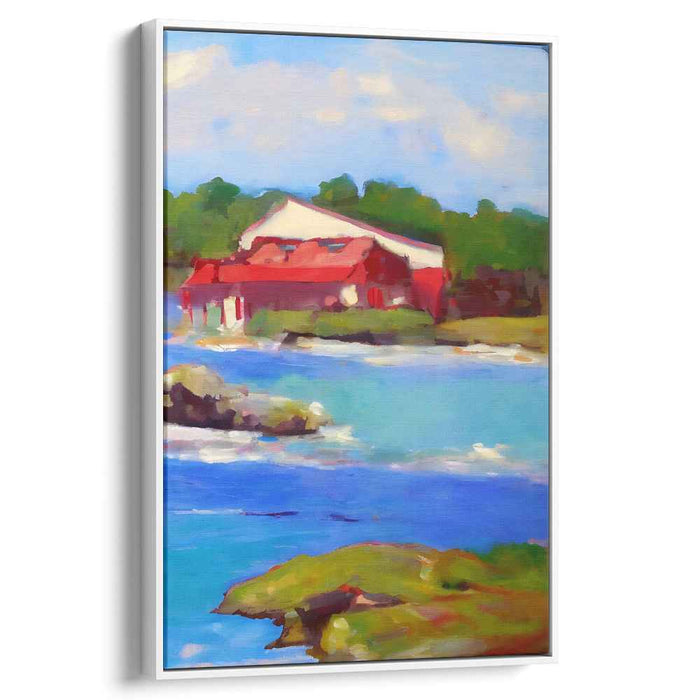 Crimson Shoreline Cottage: Impressionist Red-Roofed House by the Sea