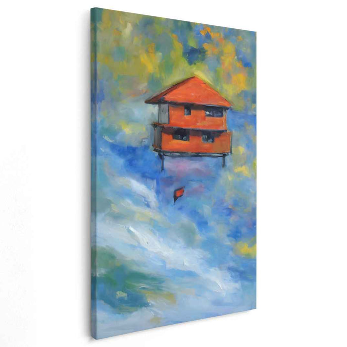 Ethereal Abode Drifts: Impressionist Floating House Canvas Art Print
