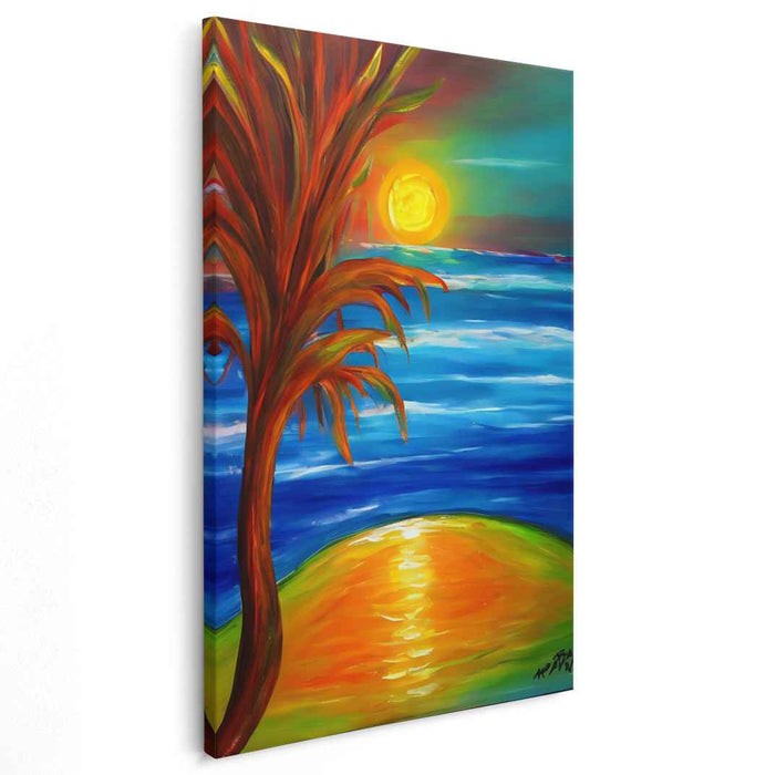 Tropical Echoes on Canvas: Vibrant Expressionist Palm Tree Seascape Canvas Art