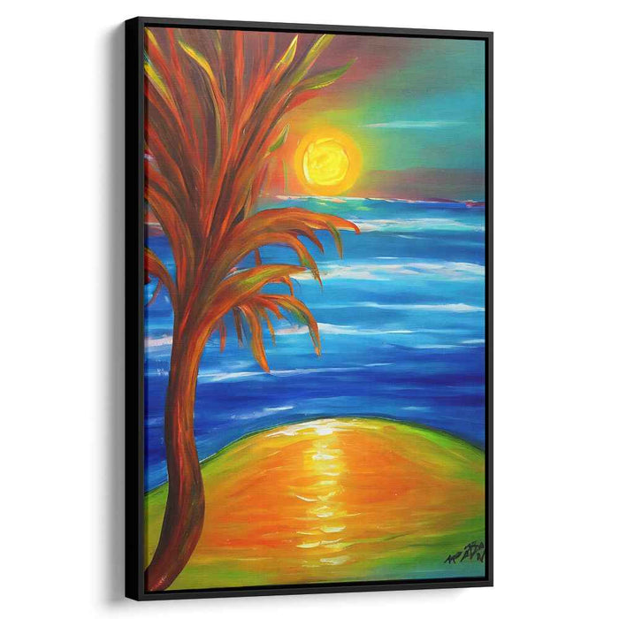 Tropical Echoes on Canvas: Vibrant Expressionist Palm Tree Seascape Canvas Art