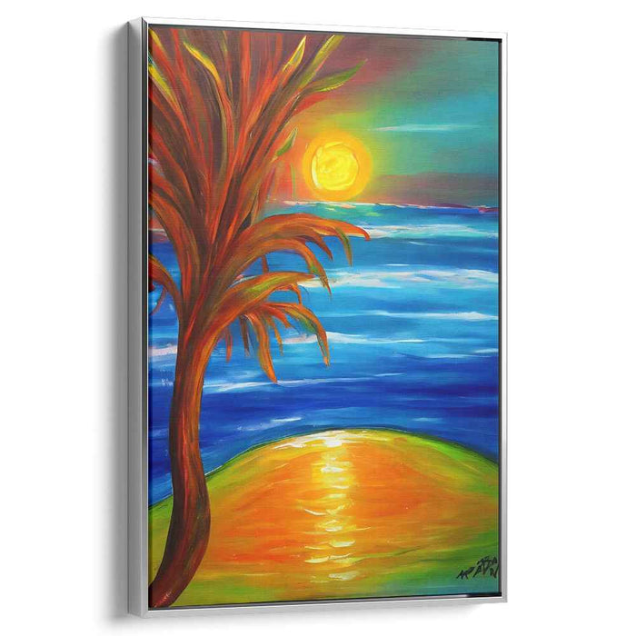 Tropical Echoes on Canvas: Vibrant Expressionist Palm Tree Seascape Canvas Art