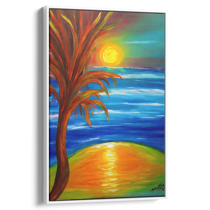 Tropical Echoes on Canvas: Vibrant Expressionist Palm Tree Seascape Canvas Art