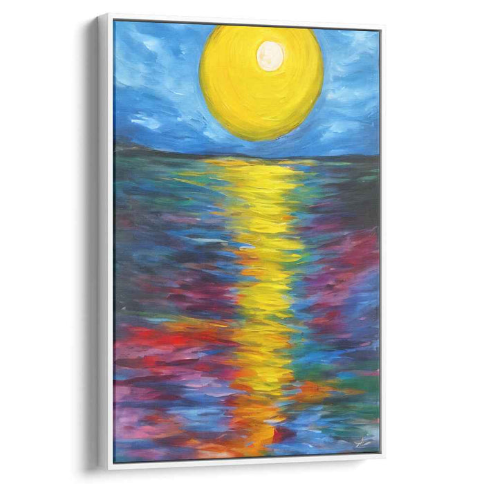 Water's Edge Sunburst: Impressionist Sun Over Tranquil Waters Canvas Art Print
