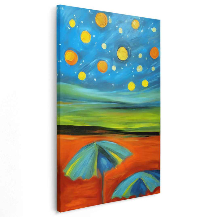 Whimsical Skyward Colorful Canopies: Surreal Umbrellas Under a Vibrant Sky Canvas Art Print