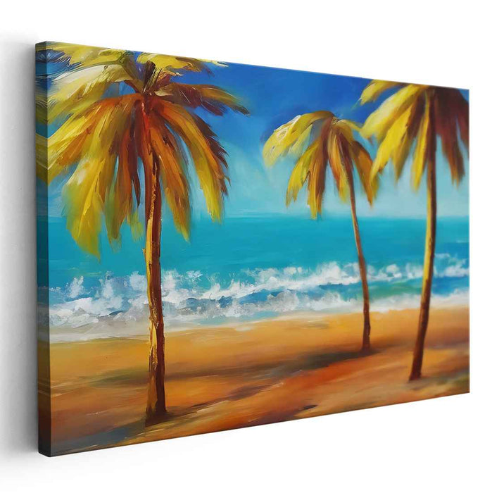 Shoreside Impressions: Golden Palms by the Turquoise Sea Canvas Art Print