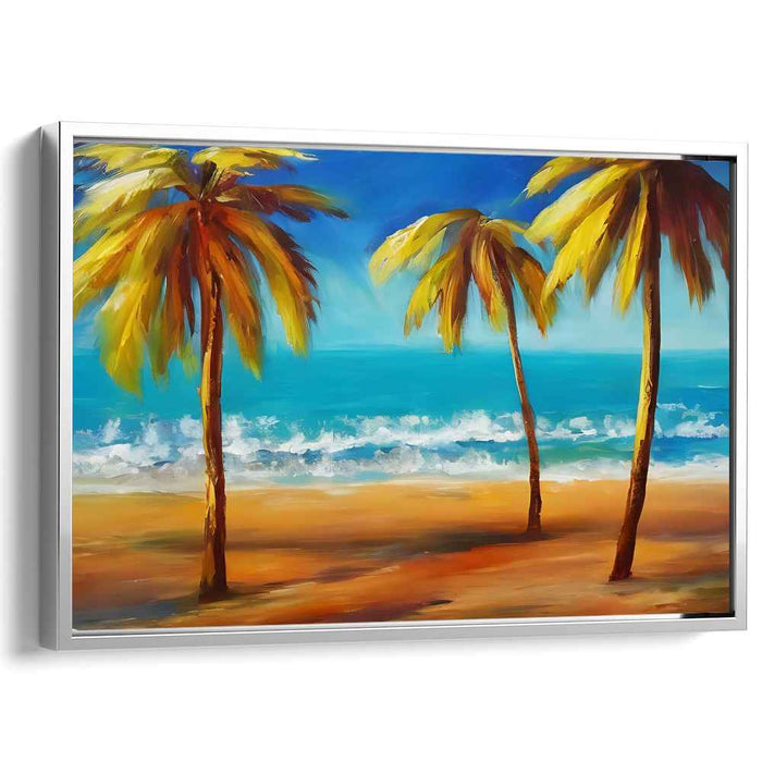 Shoreside Impressions: Golden Palms by the Turquoise Sea Canvas Art Print