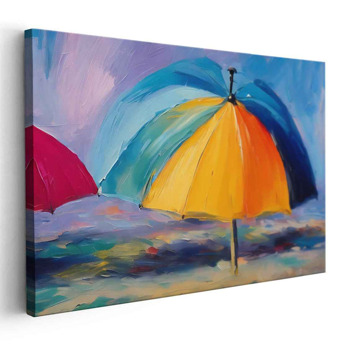 Sunburst Shoreline Reverie: Colorful Beach Umbrella Impressionist Canvas Art