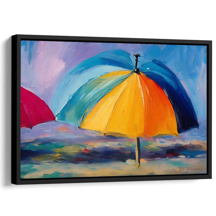 Sunburst Shoreline Reverie: Colorful Beach Umbrella Impressionist Canvas Art
