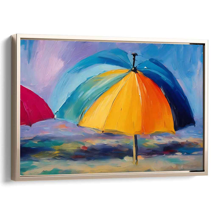 Sunburst Shoreline Reverie: Colorful Beach Umbrella Impressionist Canvas Art