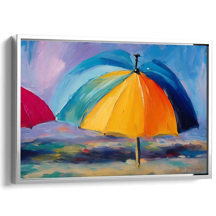 Sunburst Shoreline Reverie: Colorful Beach Umbrella Impressionist Canvas Art