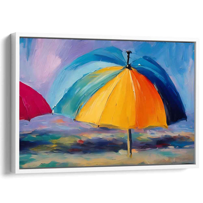 Sunburst Shoreline Reverie: Colorful Beach Umbrella Impressionist Canvas Art