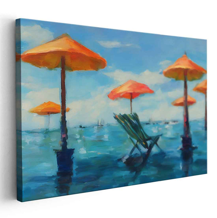 Orange Horizon Delight: Vibrant Beachscape with Orange Umbrellas Canvas Art