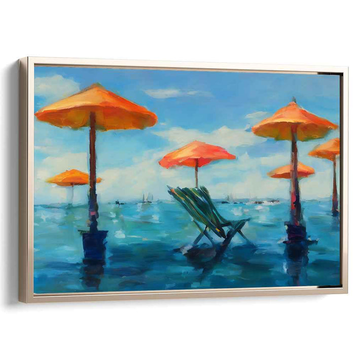 Orange Horizon Delight: Vibrant Beachscape with Orange Umbrellas Canvas Art