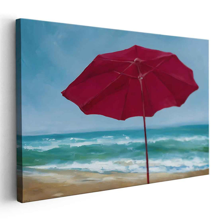 Tranquil Beach Day: Red Umbrella Seascape Canvas Art Print
